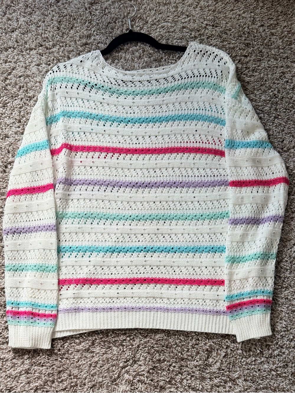 Pastel Stripe Cream Knit Crewneck Sweater Rainbow - Picture 2 of 3
